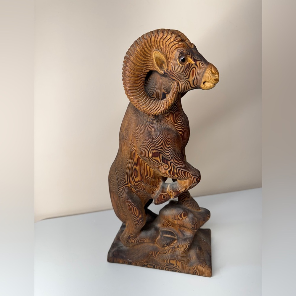 Kadian Crafts LTD Canada Hand Carved Wood Ram Sheep Sculpture Figure 14"